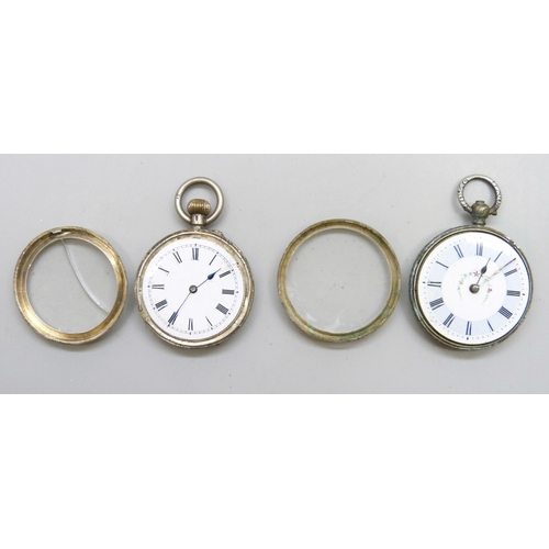 7285 - Two continental silver fob watches, marked .800 and .935