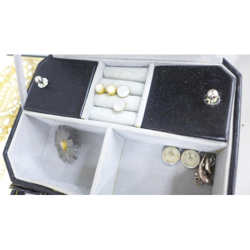 7244 - A collection of costume jewellery including a string of pearls with a 14ct gold clasp, 10.6g