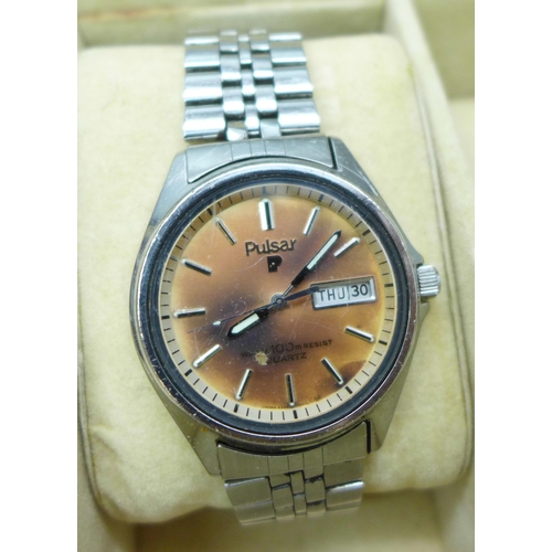 7277 - Three wristwatches, a Citizen Eco-Drive with day/date aperture, 41mm, and two Pulsar examples