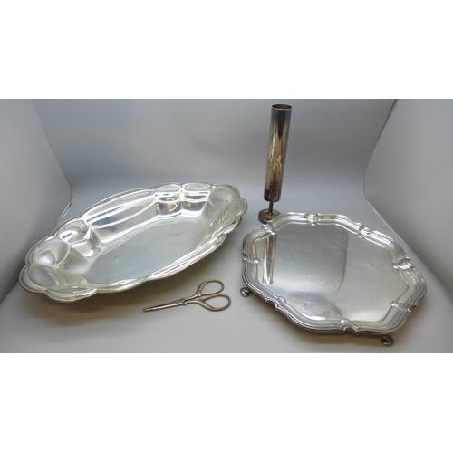 2050 - A silver plated tray, an Arthur Price silver plated vase, a dish and a pair of manicure scissors