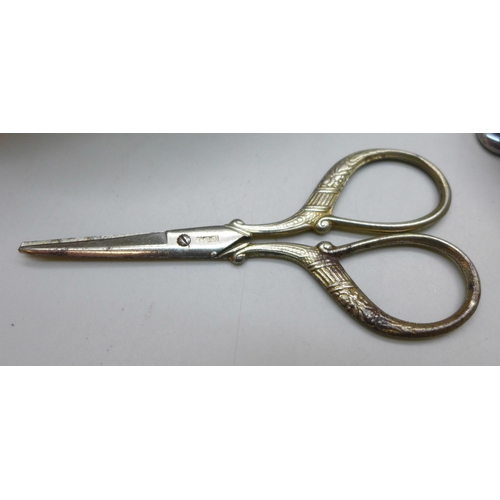 2050 - A silver plated tray, an Arthur Price silver plated vase, a dish and a pair of manicure scissors