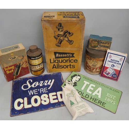 2102 - A collection of vintage boxes, Liquorice Allsorts, Kraft Cheese, an Autocrat Coffee tin, F. Ball tin... 