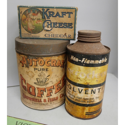 2102 - A collection of vintage boxes, Liquorice Allsorts, Kraft Cheese, an Autocrat Coffee tin, F. Ball tin... 