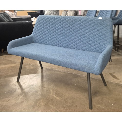 3155 - A blue fabric upholstered dining bench on metal legs