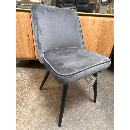 3160 - A light grey high gloss circular dining table and a set of four grey velvet dining chairs