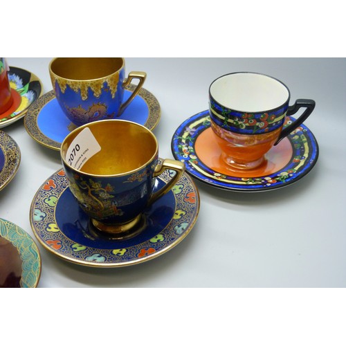 2070 - A collection of six Art Deco circa. 1920s Carlton Ware coffee cups and saucers, various designs incl... 
