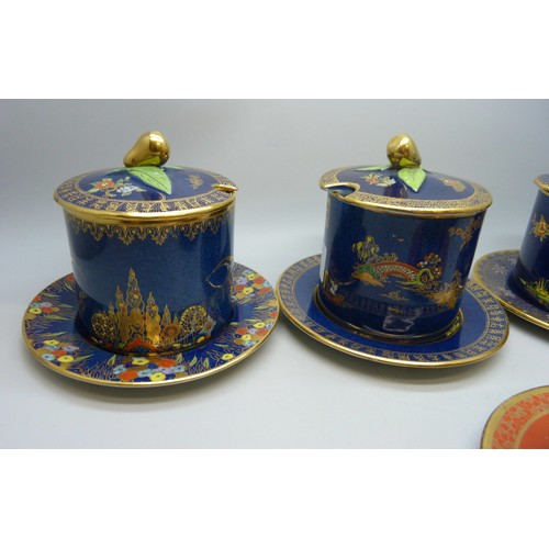 2024 - Three Carlton Ware Bleu Royale Lustre lidded oriental design preserve pots, with two unmarked simila... 