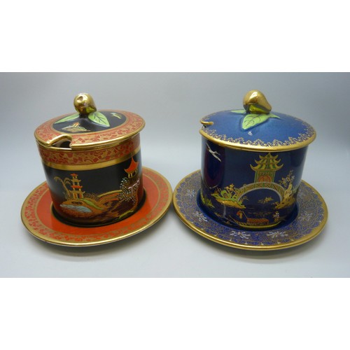 2024 - Three Carlton Ware Bleu Royale Lustre lidded oriental design preserve pots, with two unmarked simila... 
