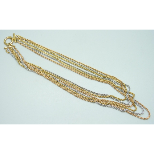 7001 - An UnoAErre Italian 18ct gold six strand rope chain necklace, 29.9g, shortest strand 45cm
