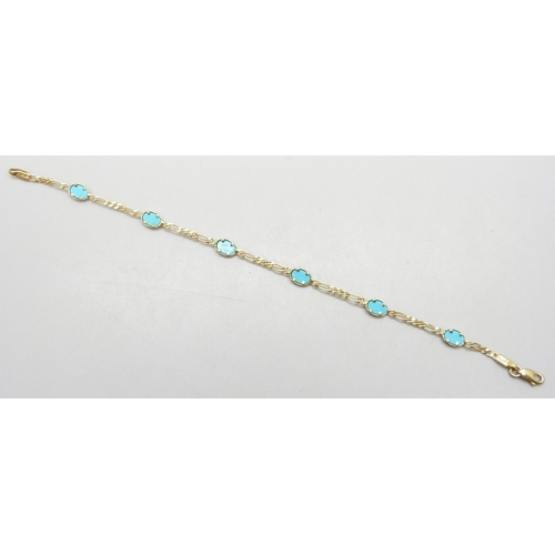 7039 - A 14ct gold figaro link turquoise bracelet, 3g, 18.1cm, with receipt from Andros dated 2002