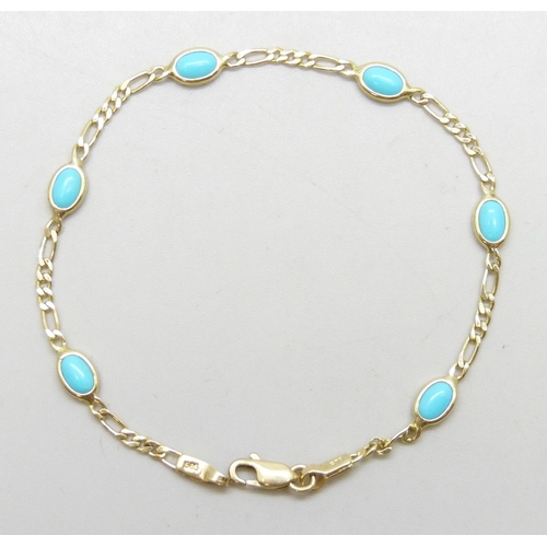 7039 - A 14ct gold figaro link turquoise bracelet, 3g, 18.1cm, with receipt from Andros dated 2002
