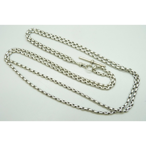 7050 - A double row white metal long guard chain necklace, hallmarked T bar, unmarked dog clip and chain, 7... 