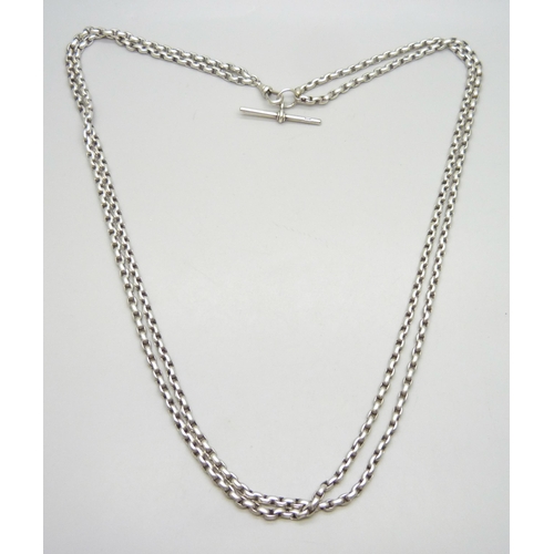 7050 - A double row white metal long guard chain necklace, hallmarked T bar, unmarked dog clip and chain, 7... 