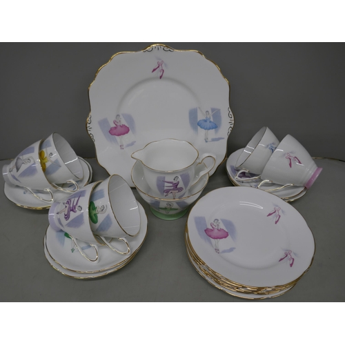 2063 - A Royal Stafford 'Ballet' tea set, cake plate, six side plates, six cups and saucers, sugar bowl and... 