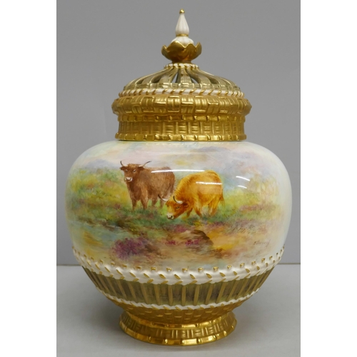 2009 - A Royal Worcester lidded jar with hand-painted highland cattle, signed Townsend, 26cm
