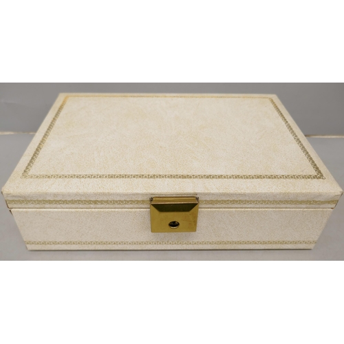 2061 - A cream jewellery box, with vintage and later costume jewellery, including rings, earrings, brooches... 