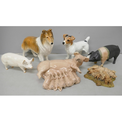 2084 - A Beswick Jack Russell terrier, a/f, a Beswick pig, three other pig figures and another dog figure