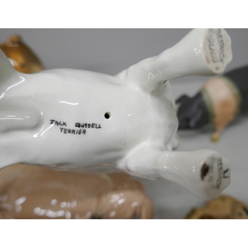 2084 - A Beswick Jack Russell terrier, a/f, a Beswick pig, three other pig figures and another dog figure