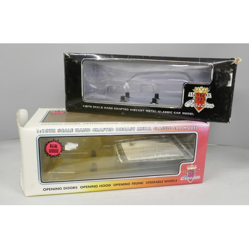 2108 - Four model vehicles, including two boxed by Motor City Classics, 1:18th scale