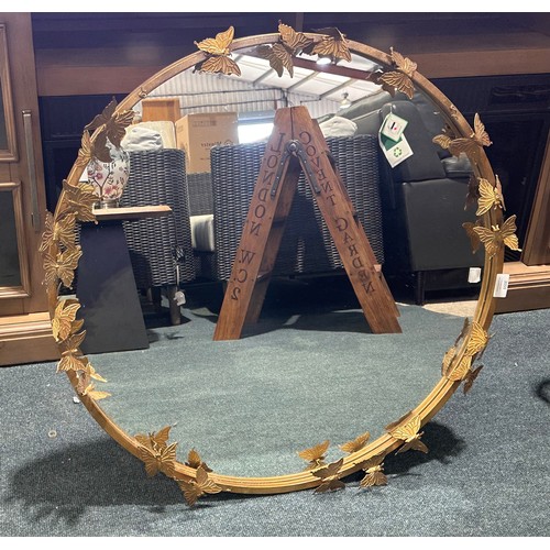 3059 - A gold effect circular wall hanging butterfly mirror