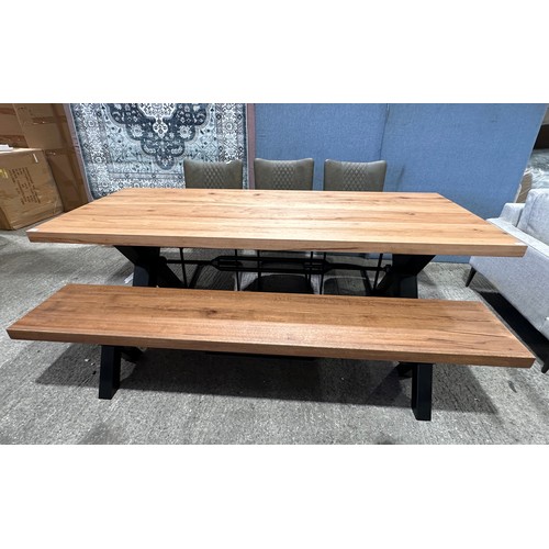 3185 - A solid oak 240cm dining table with 3 mushroom leather dining chairs and a solid oak bench
