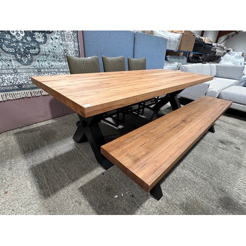 3185 - A solid oak 240cm dining table with 3 mushroom leather dining chairs and a solid oak bench