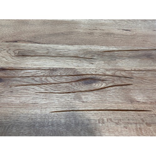 3185 - A solid oak 240cm dining table with 3 mushroom leather dining chairs and a solid oak bench