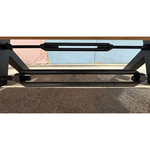 3185 - A solid oak 240cm dining table with 3 mushroom leather dining chairs and a solid oak bench