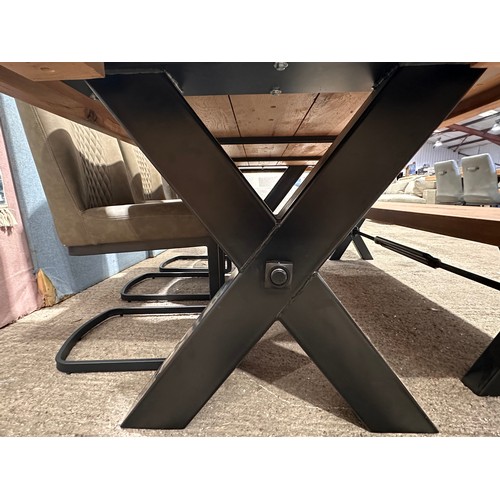 3185 - A solid oak 240cm dining table with 3 mushroom leather dining chairs and a solid oak bench