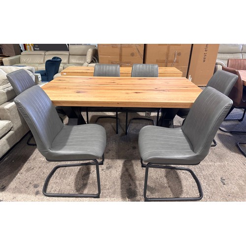 3180 - A solid oak 180cm dining table with 6 mushroom leather dining chairs