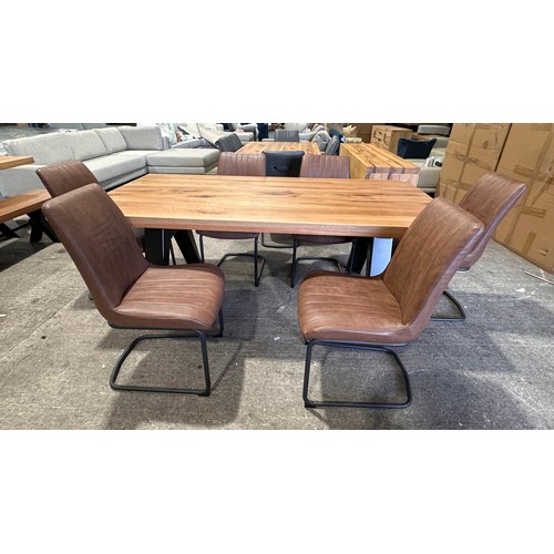 3182 - A solid oak 200cm dining table with 6 brown leather dining chairs