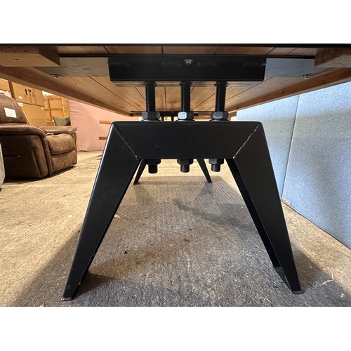 3182 - A solid oak 200cm dining table with 6 brown leather dining chairs