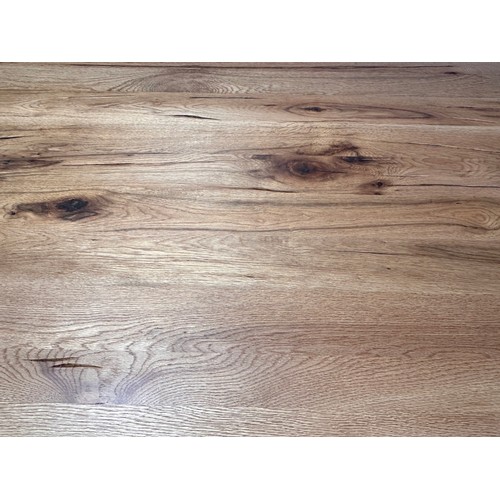 3182 - A solid oak 200cm dining table with 6 brown leather dining chairs