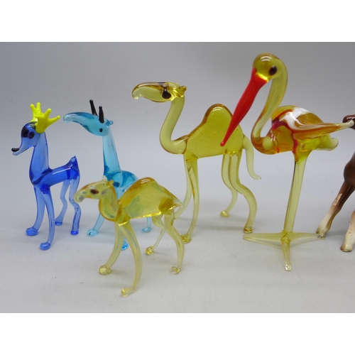 2077 - Five small glass Murano animal figures to include camels and bird, two Wade character figures, two h... 