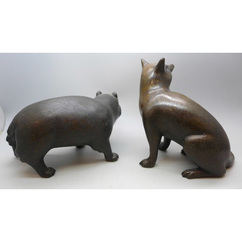 2093 - Two c1900 Japanese bronze figures, a seated fox and a Japanese raccoon dog, signed, fox 14.5cm