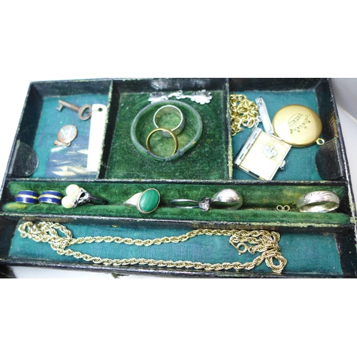 2104 - A collection of costume jewellery, three silver rings, gold-tone locket, etc.