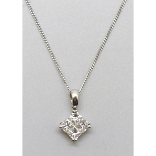 7264 - An 18ct white gold diamond pendant, 1.2cm including bail, on a 9ct white gold chain, 1.3g total