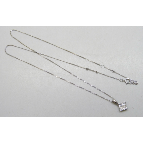 7264 - An 18ct white gold diamond pendant, 1.2cm including bail, on a 9ct white gold chain, 1.3g total