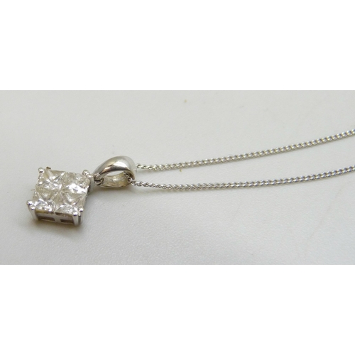 7264 - An 18ct white gold diamond pendant, 1.2cm including bail, on a 9ct white gold chain, 1.3g total