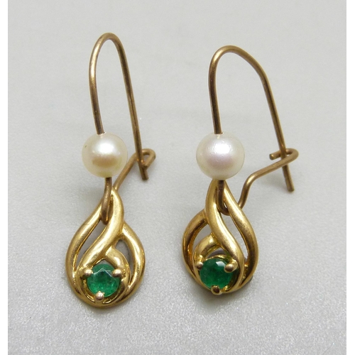 7270 - A pair of yellow metal, green stone and pearl drop earrings, 1.2g, 2.2cm including hook
