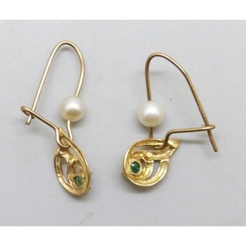 7270 - A pair of yellow metal, green stone and pearl drop earrings, 1.2g, 2.2cm including hook