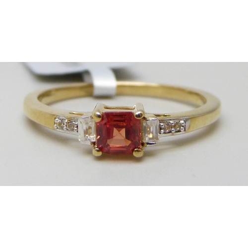 7273 - A 9ct gold white zircon and orange stone ring, 0.50ct, 2g, N/O