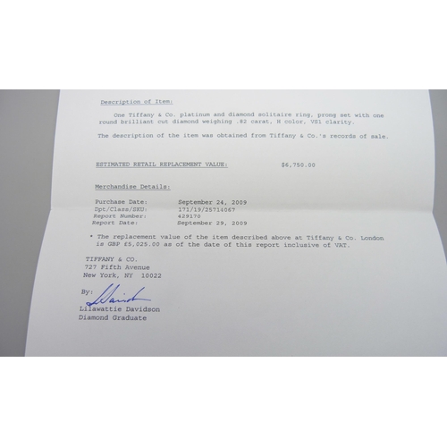 7279 - A Tiffany & Co. platinum solitaire ring set with a round brilliant cut 0.82ct diamond, colour grade ... 