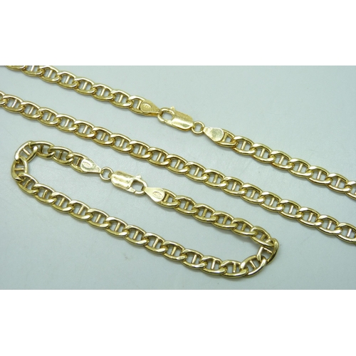 7284 - A silver gilt mariner link necklace chain and bracelet, 20 inch chain, 7.5 inch bracelet, 20g total ... 