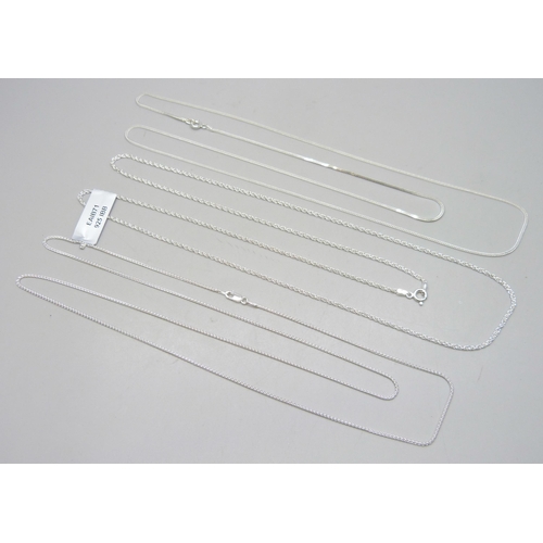 7286 - Three 30 inch sterling silver necklaces including curb chain, Prince of Wales and mini Spiga chain, ... 