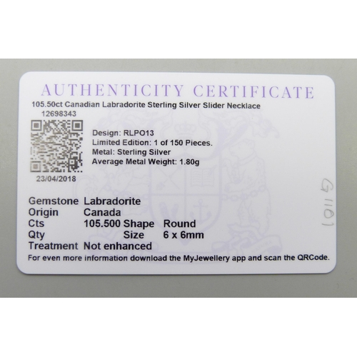 7288 - A 105.50ct Canadian Labradorite silver slider necklace, 27g, with certificate