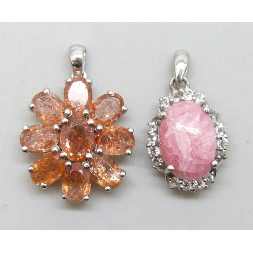 7290 - Two sterling silver pendants rhodochrosite, 5.97ct, and a white topaz and Tanzanian sunstone pendant... 