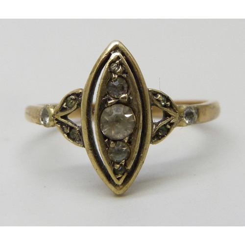 7299 - A marquise shape ring, the shank 9ct with an attached gilt metal replacement setting area, 2.2g, P