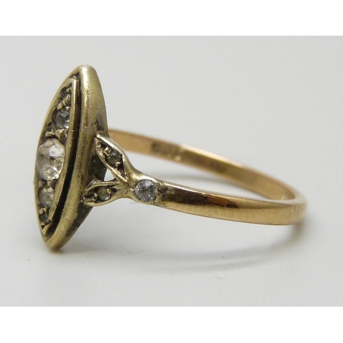 7299 - A marquise shape ring, the shank 9ct with an attached gilt metal replacement setting area, 2.2g, P