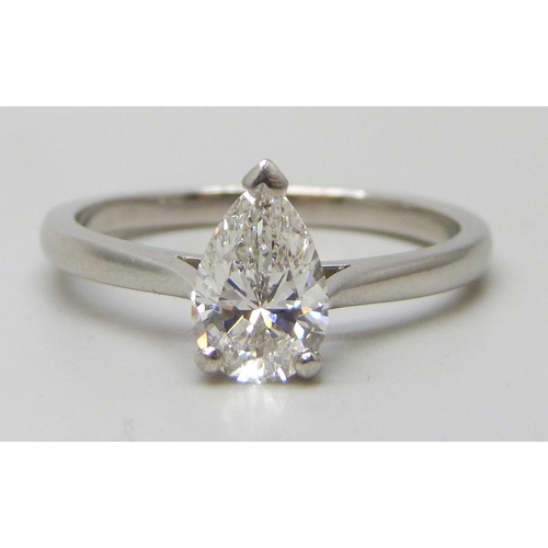 7381H - A platinum set 1.38ct pear shaped diamond solitaire ring, 5g, Q, with certificate